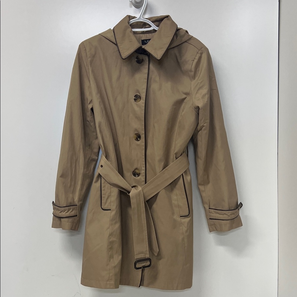 Lauren Ralph Lauren Women's Trench Coat, Faux Leather Trimmed,  Large, Tan